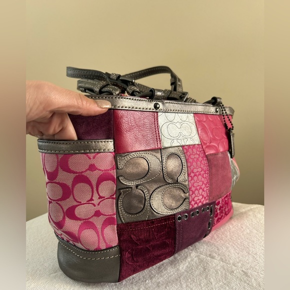 Coach Patchwork Shoulder Bag Purse Calico Pink Grey Metallic Leather Suede - Picture 3 of 13